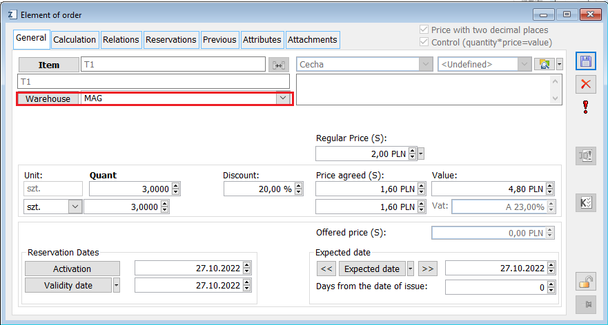 General tab of the SO item with the warehouse being indicated.