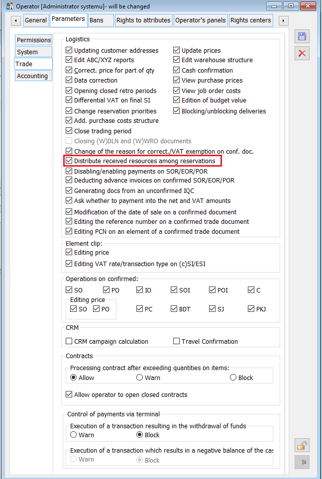 Operator’s card, tab: Parameters