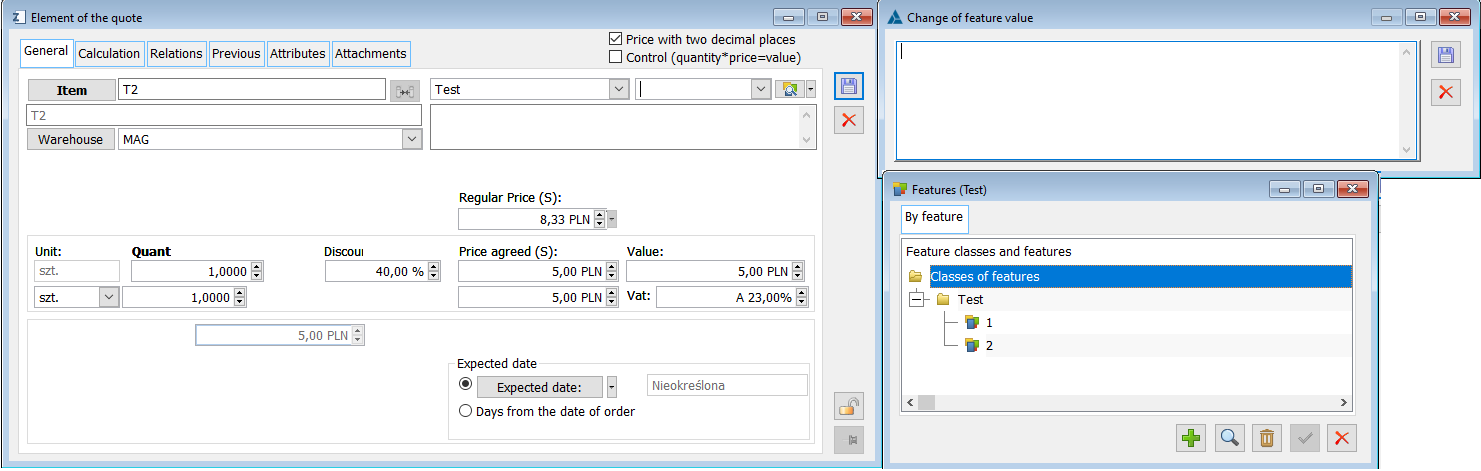 Offer element. Trait edition. Selection of trait from list.