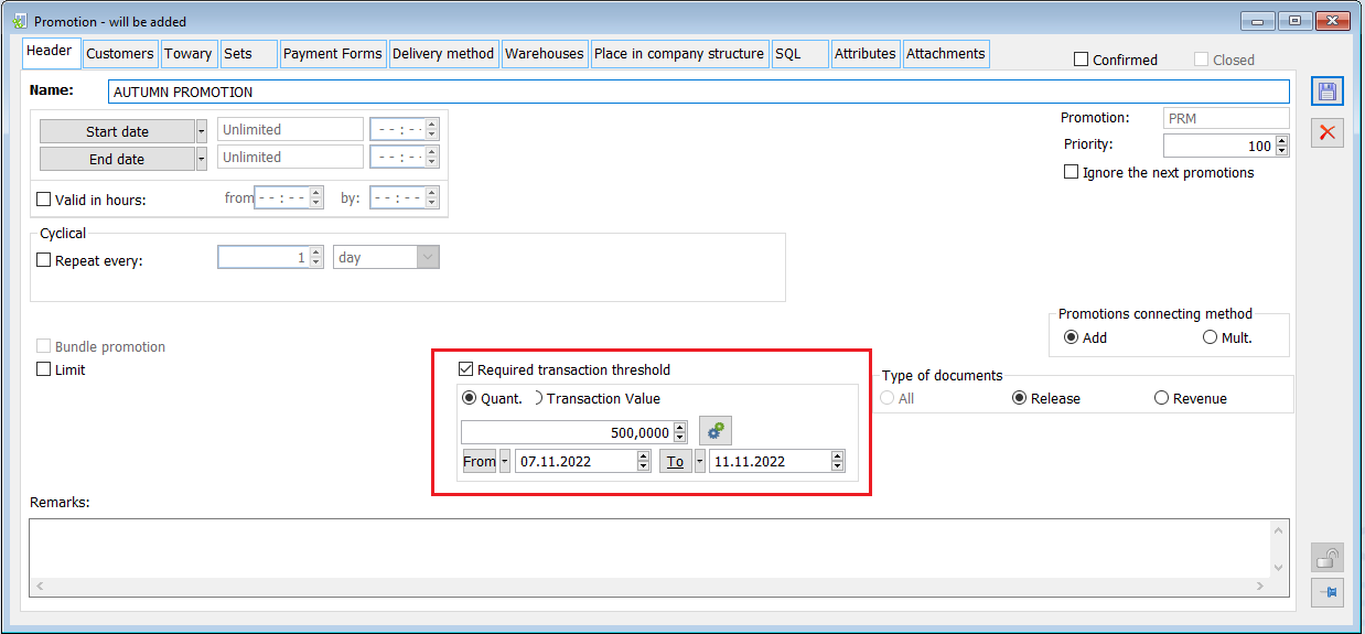 Header tab, section: Required transaction threshold