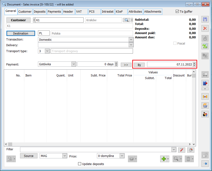 Sales invoice, “To” date for payment