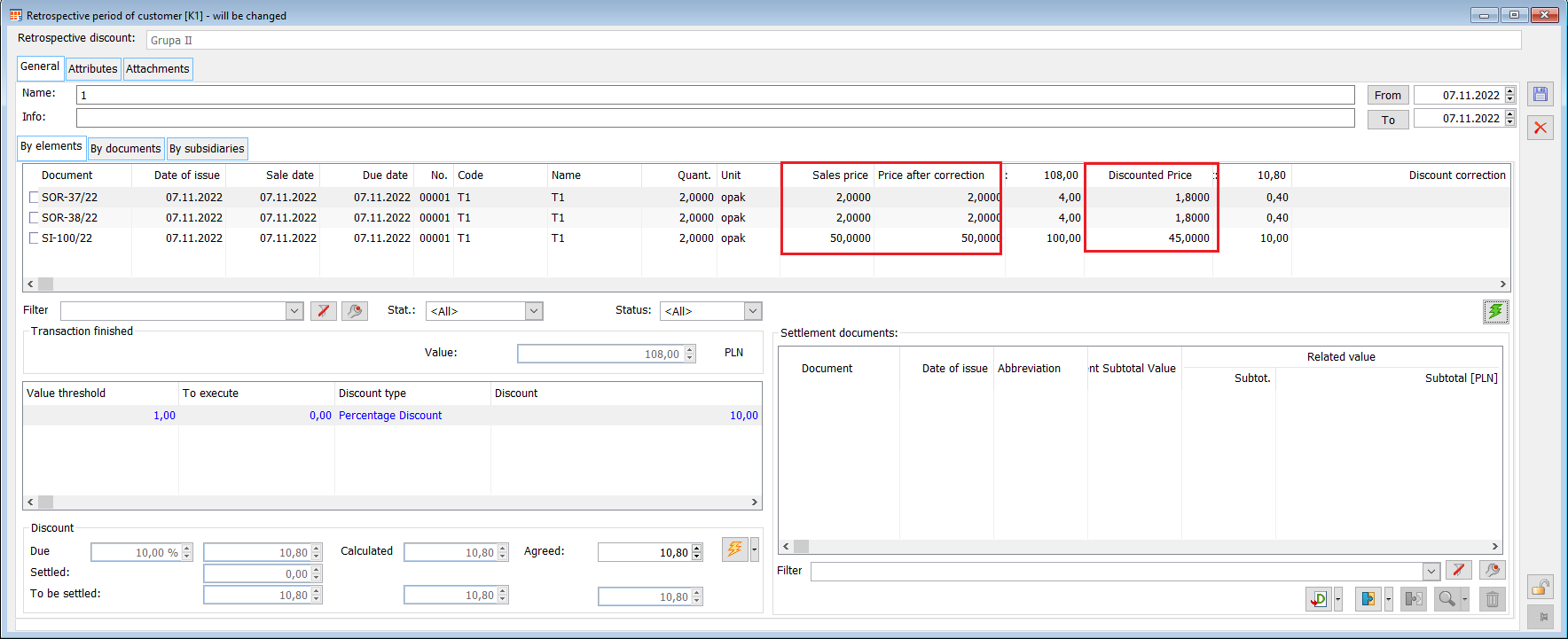 Contractor’s retro sales period – editing the price after discount.