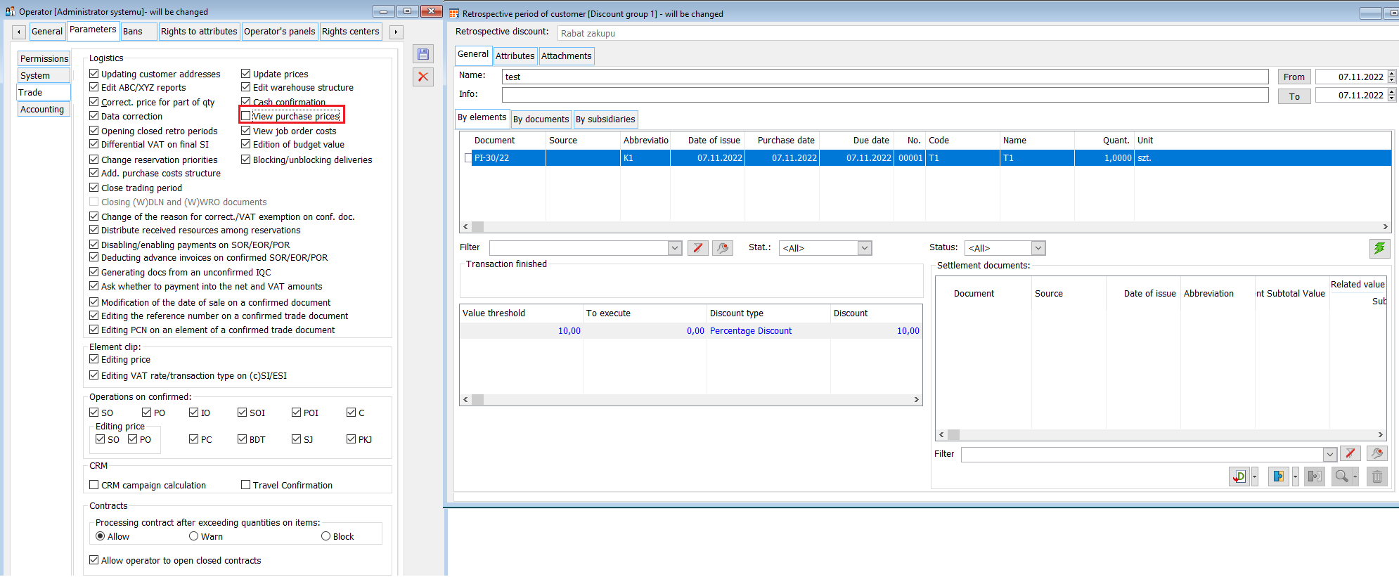 Hiding sensitive data on the form of the retro purchase period. Without the permission, the User sees the purchase price