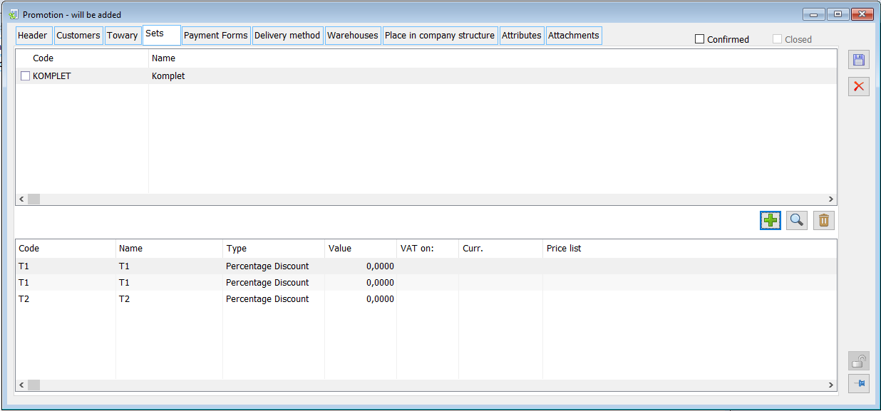 PRM-type promotion, tab: Sets.