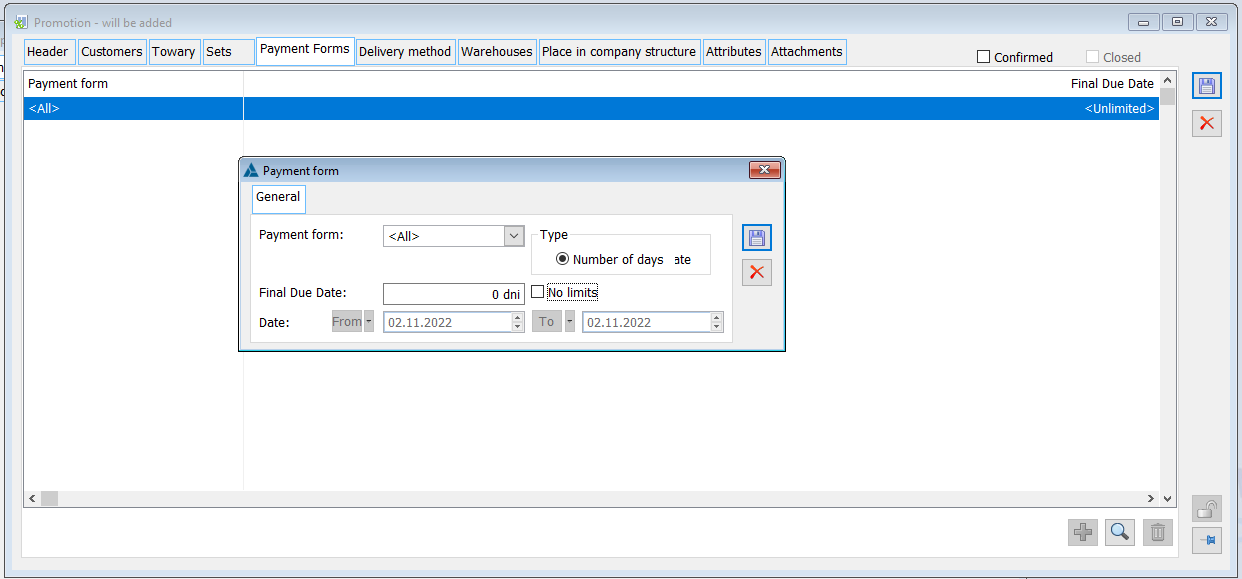 PRM-type promotion, tab: Payment methods.