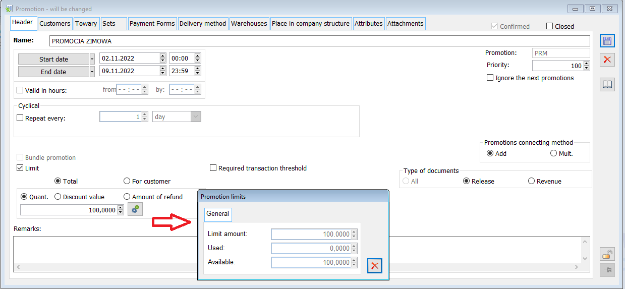 Information about the quantity used and to be used on a promotion with a quantity limit defined in the promotion header