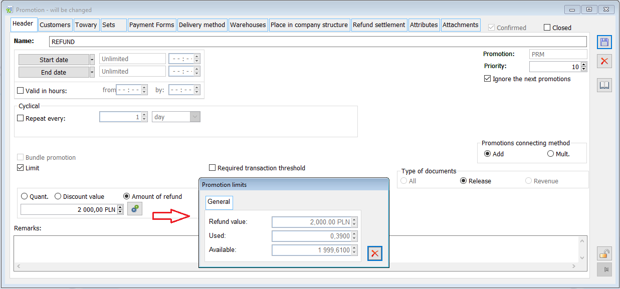 Limit in the form of a maximum amount of refund per promotion and information on the rate of its use