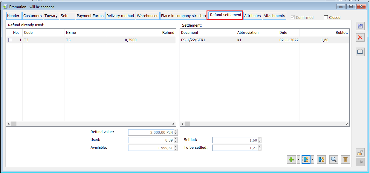 {Settlement of the refund} tab on the refundable promotion form