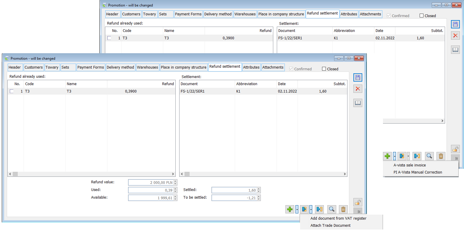 Operation of recording invoice for refund and attaching previously recorded document