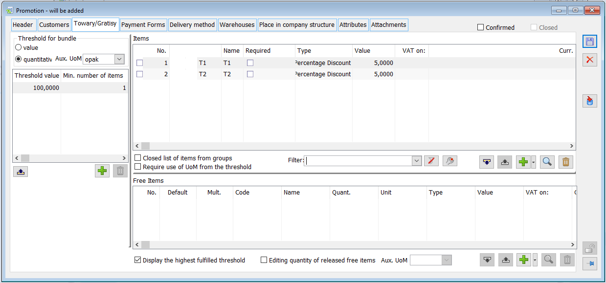 Package promotions: Flexible package, Goods/Freebies tab.