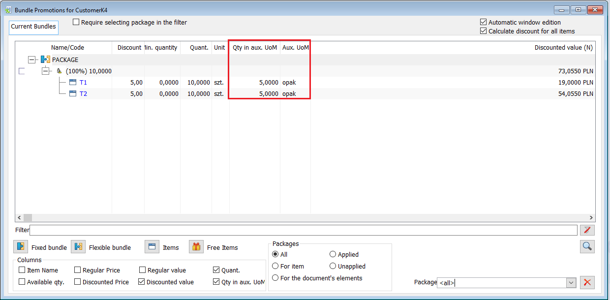 Package promotion window with a specified quantity threshold in an auxiliary unit.