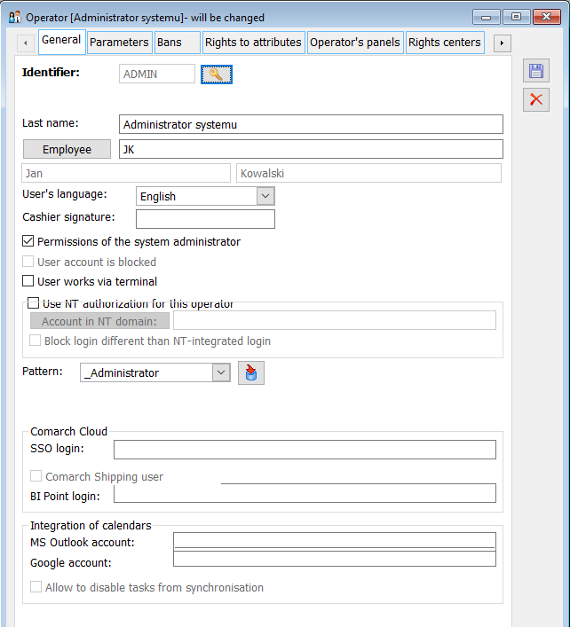  Language of the user assigned on the Operator card